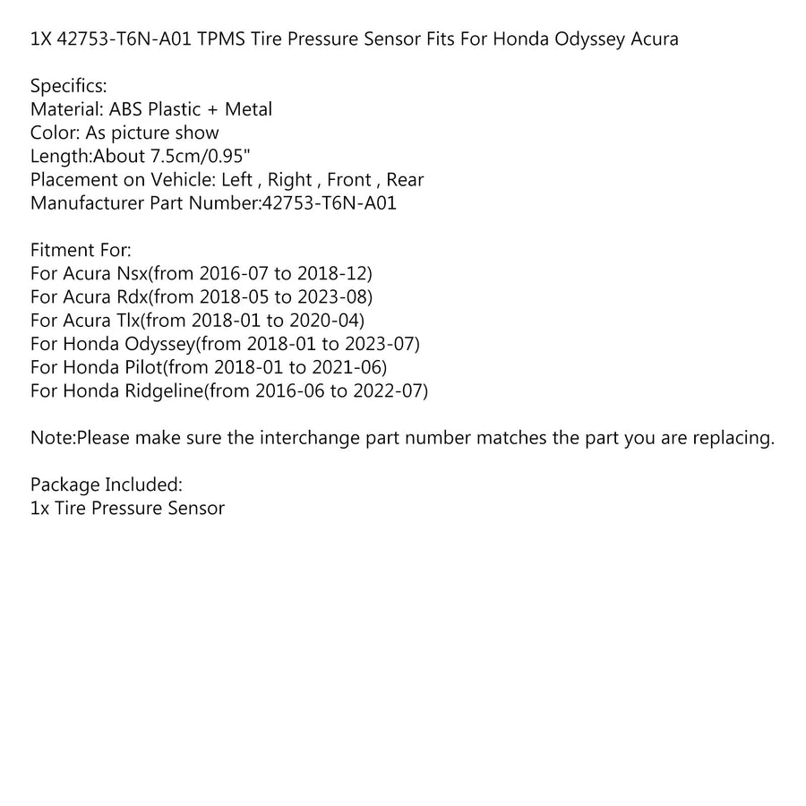 1PCS 42753-T6N-A01 TPMS Tire Pressure Sensor Fits For Honda Odyssey Acura Generic U.S. Part One