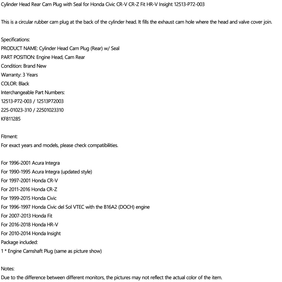 Cylinder Head Rear Cam Plug with Seal for Honda Civic CR-V CR-Z HR-V Insight Generic US Part One