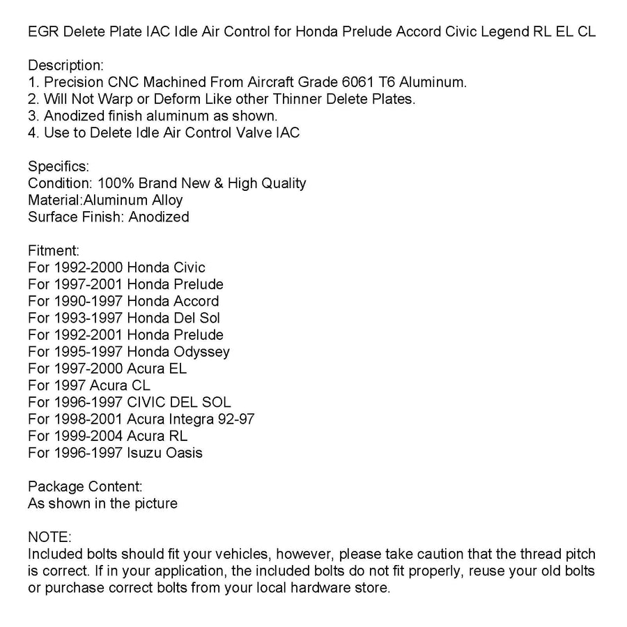 EGR Delete Plate IAC Idle Air Control For 92-00 Honda Civic/90-97 Accord/95-97 Odyssey Generic US Part One