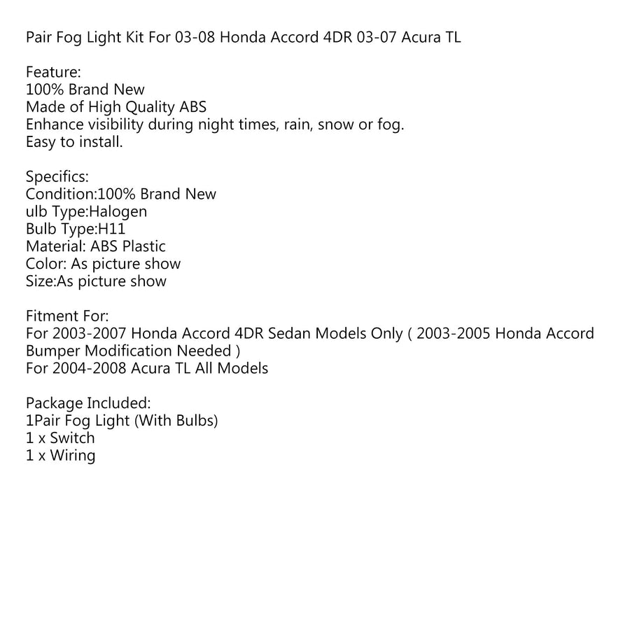 2003-2007 Honda Accord/2004-2008 Acura TL Clear Lens Fog Lights + Switch Generic U.S. Part One
