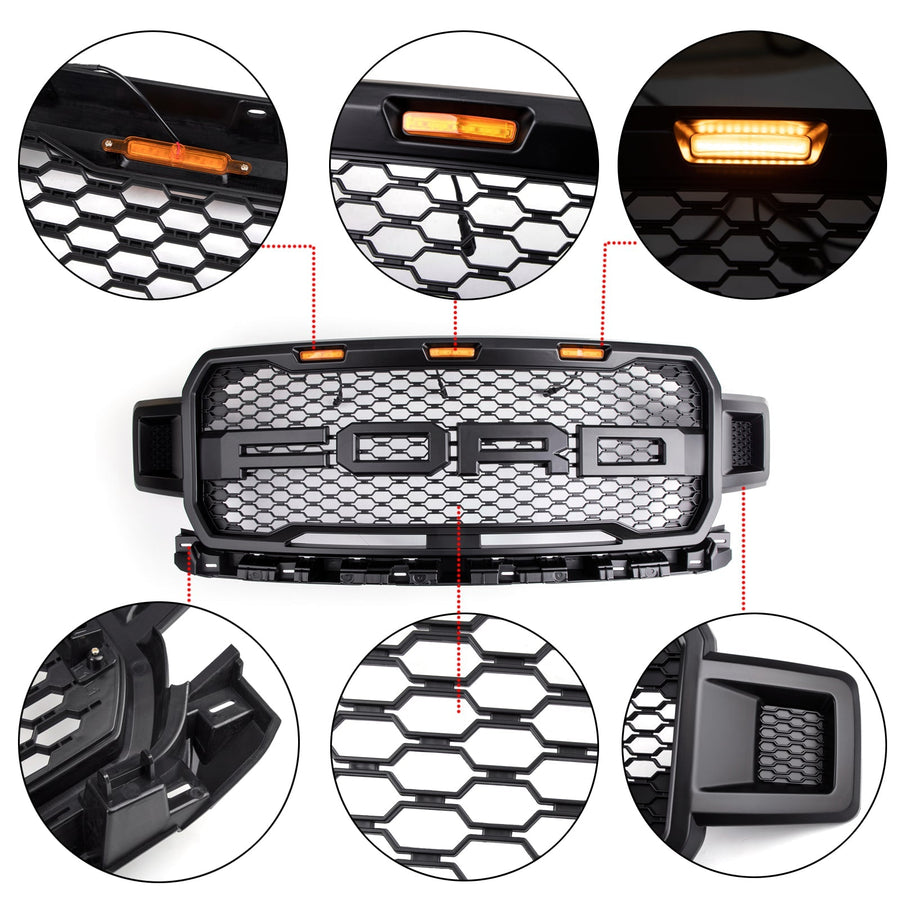 18-20 Ford F150 Honeycomb Grill Amber LED Raptor Style Grill Repalcment Generic U.S. Part One