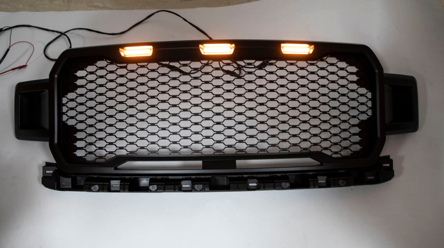 18-20 Ford F150 Honeycomb Grill Amber LED Raptor Style Grill Repalcment Generic U.S. Part One