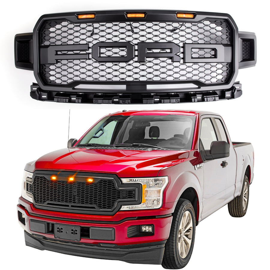 18-20 Ford F150 Honeycomb Grill Amber LED Raptor Style Grill Repalcment Generic U.S. Part One