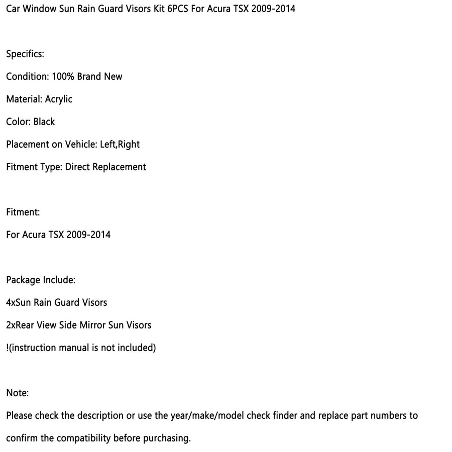 Car Window Sun Rain Guard Visors Kit 6PCS For Acura TSX 2009-2014 Generic US Part One