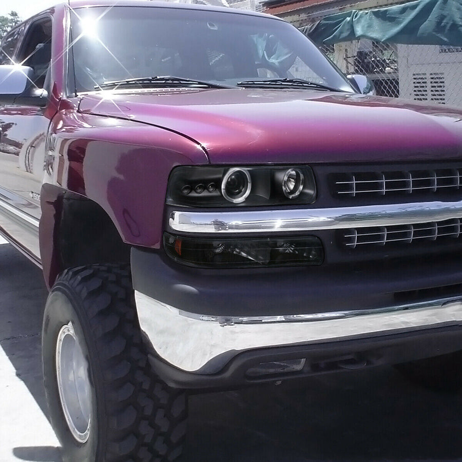 LED DRL Black Projector Headlights+Bumper Lamps for 1999-2002 Chevy Silverado Tahoe Suburban 1500 2500 U.S. Part One