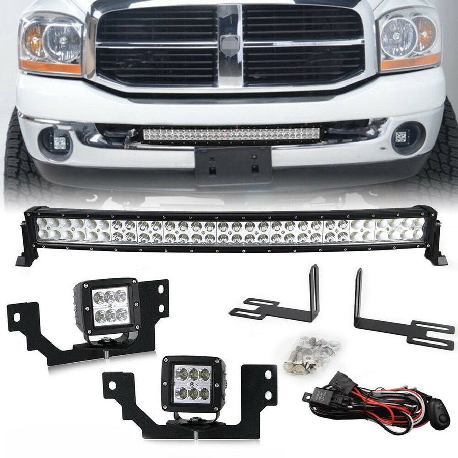 30 Inch Curved LED Bar+Cube Fog Light Front Bumper Kit FIT for 2003-2009 Dodge Ram 2500 3500 U.S. Part One
