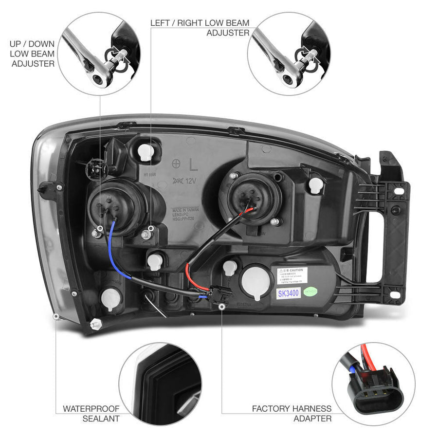 Black LED DRL Tube Projector Headlight Lamp for Dodge Ram 1500 2006 2007 2008 Ram 2500 3500 2006 2007 2008 2009 U.S. Part One